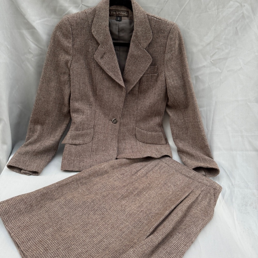 The Limited Skirt Suit XS Blazer Brown Tan Houndstooth Wool Vintage Set Romania